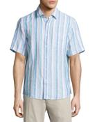 Linen Striped Short-sleeve Shirt, Teal/blue