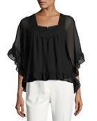 Ruffle-hem Crochet-neck Poncho, Black