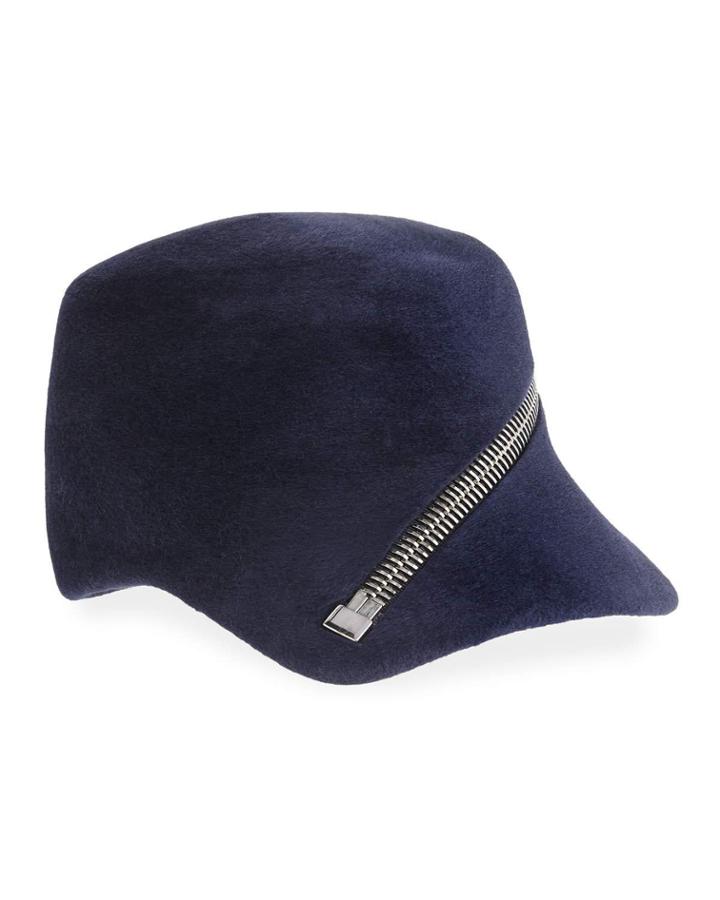 Velour Baseball Cap W/ Oversized Zip Detail, Navy