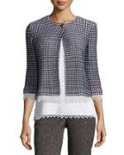 Lace-trim Textural Grid Knit Jacket, Caviar/bianco