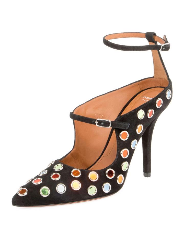 Multicolor-stud Ankle-wrap Pump, Black