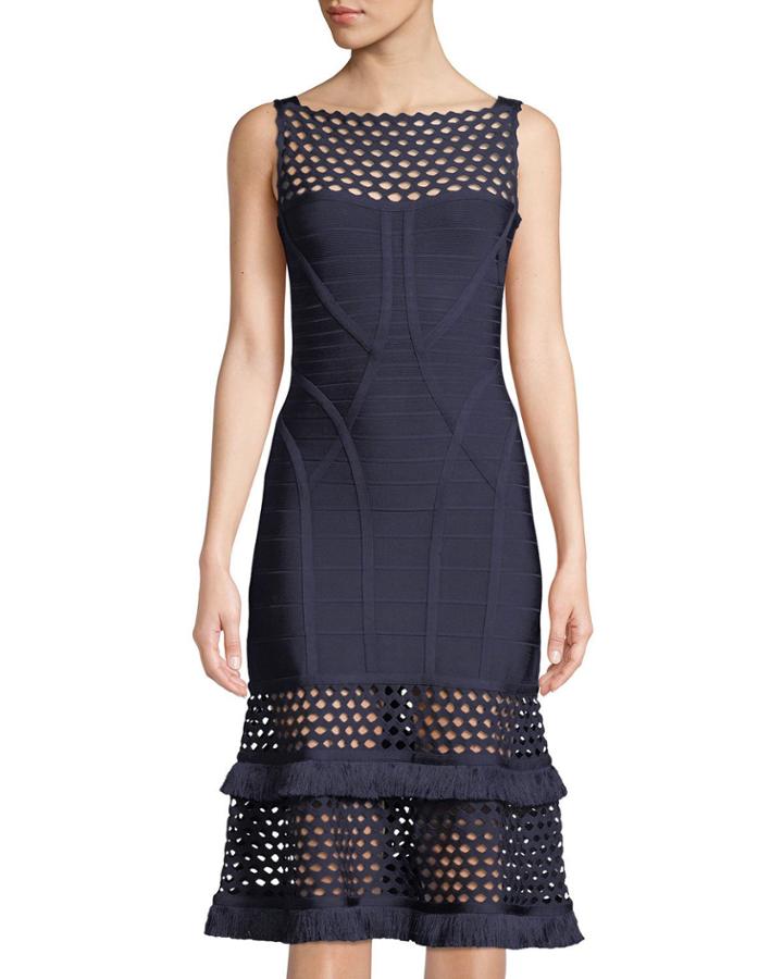 Camellia Cutout Fringe Bandage Dress, Blue