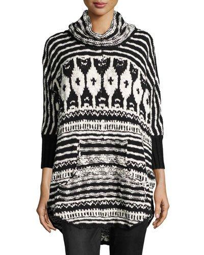 Funnel-neck Long Sweater, Black/white