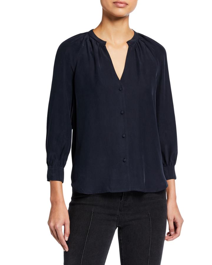 Raglan-sleeve Silk Button-front Top