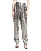 Lam&eacute; Pleated High-waist Trousers,