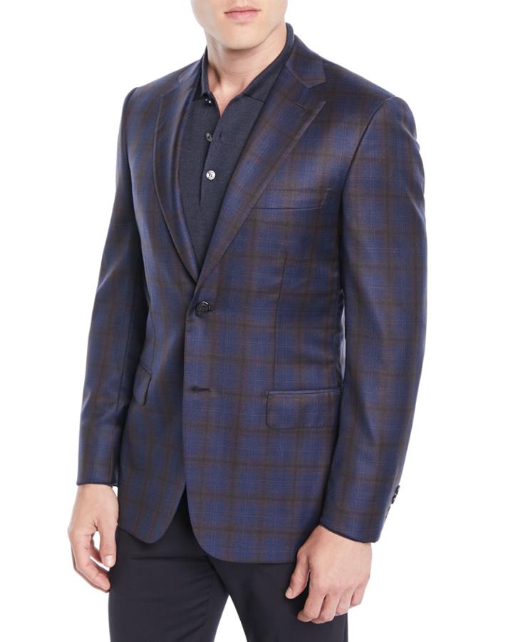 Men's Two-tone Plaid Two-button Jacket, Blue