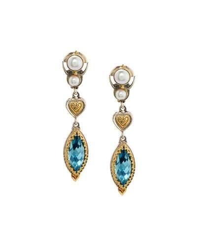 Amphitrite Topaz & Double-pearl Heart Dangle Earrings
