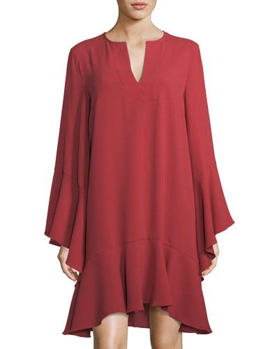 Caftan-neck Long-sleeve Ruffle Dress