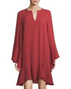 Caftan-neck Long-sleeve Ruffle Dress