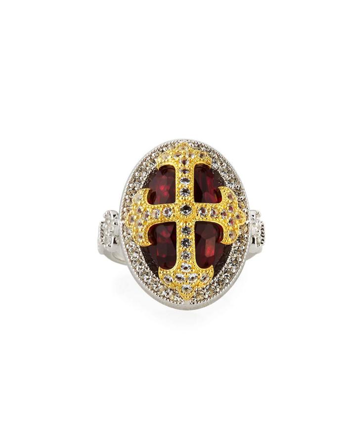 18k & Sterling Silver Fleur Cross Topaz Ring,