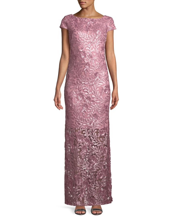 Floral-embroidered Illusion-hem Gown