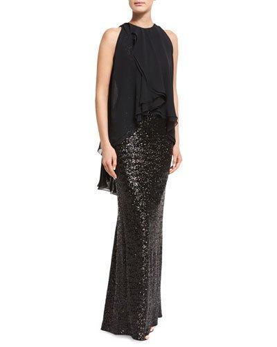 Morava Sequined Sleeveless Gown With Ruffled Chiffon Overlay, Black