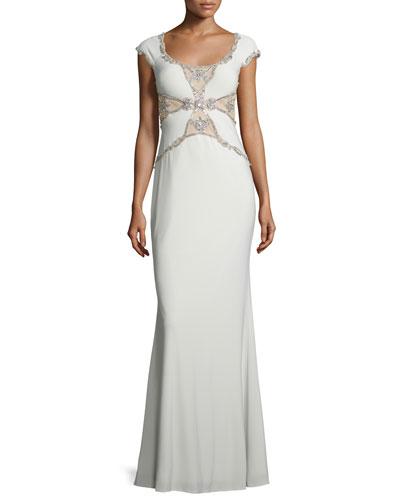 Cap-sleeve Embellished Mermaid Gown, Antique Ivory