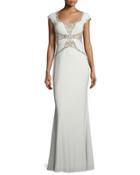 Cap-sleeve Embellished Mermaid Gown, Antique Ivory