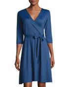 3/4-sleeve Solid Perfect Wrap Dress, Navy