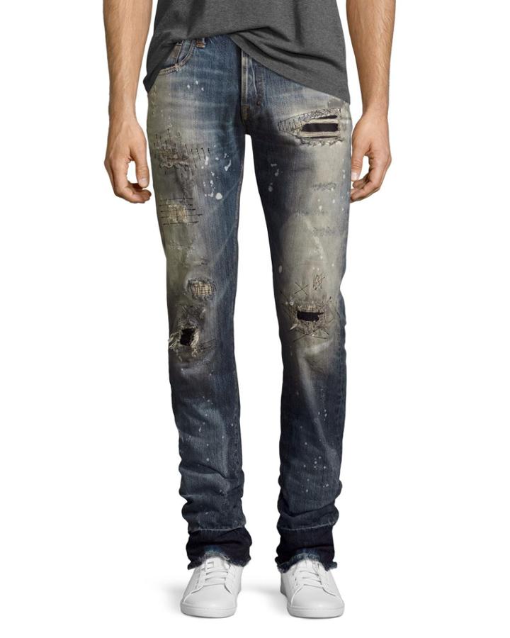 Demon Stitched & Ripped Slim-straight Jeans, Bathing