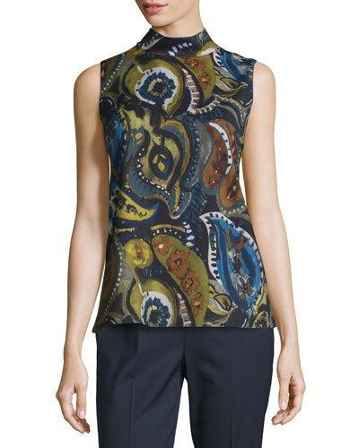 Fernanda Sleeveless Mock-neck Printed Blouse, Galaxy Blue