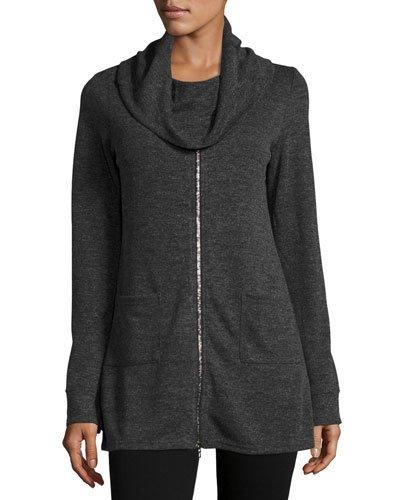 Funnel-neck Zip-front Tunic Sweater, Charcoal