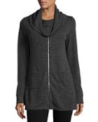 Funnel-neck Zip-front Tunic Sweater, Charcoal