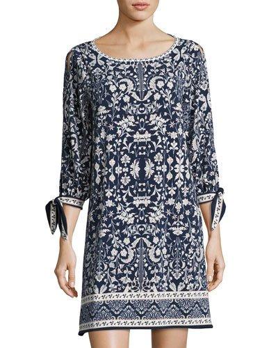Slit-sleeve Floral-print Shift Dress, Blue Pattern