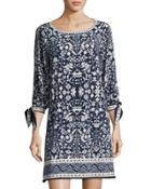 Slit-sleeve Floral-print Shift Dress, Blue Pattern