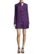 Silk 2-in-1 Houndstooth Flounce Dress, Cobalt/multicolor