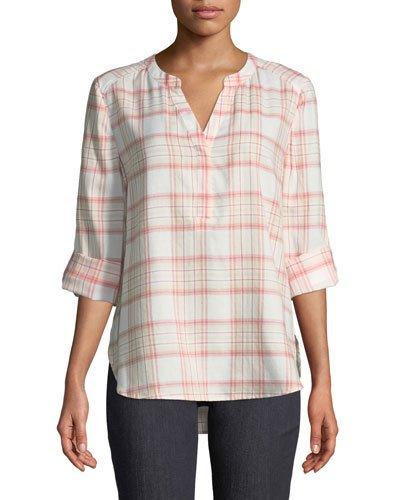 Plaid-twill Henley Blouse