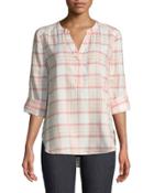 Plaid-twill Henley Blouse