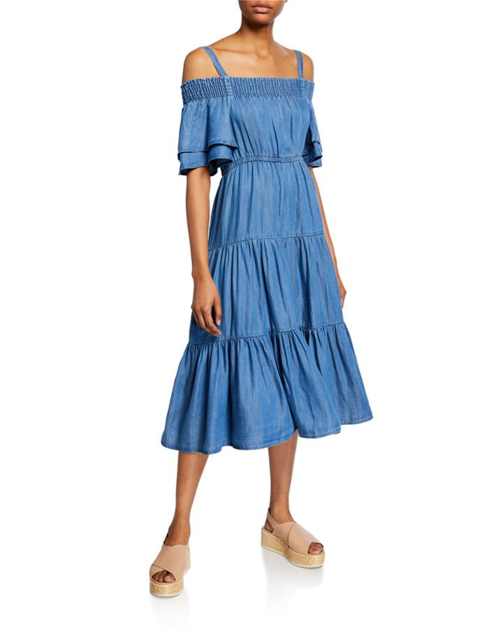 Off-the-shoulder Chambray Tiered Flounce