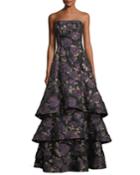 Floral Metallic Brocade Tiered-skirt Evening Gown