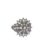 Round Silver Ring With Multi-cut Rainbow Moonstone & Diamonds,