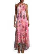 Watercolor Floral-print Chiffon Gown