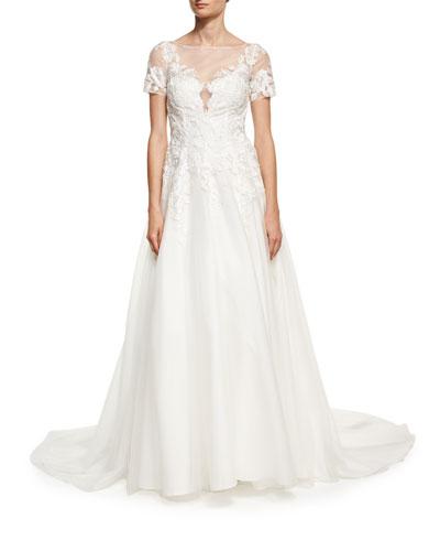Embroidered-lace Short-sleeve Gown, White