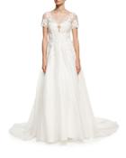 Embroidered-lace Short-sleeve Gown, White