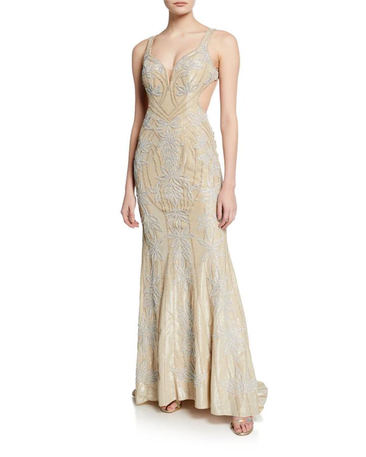Embellished V-neck Sleeveless Gown W/ Open