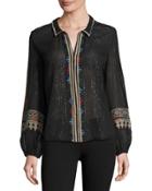 Mija Metallic-stripe Embroidered Blouse, Black