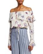 Floral-print Off-the-shoulder Button-front Cropped Long-sleeve Blouse