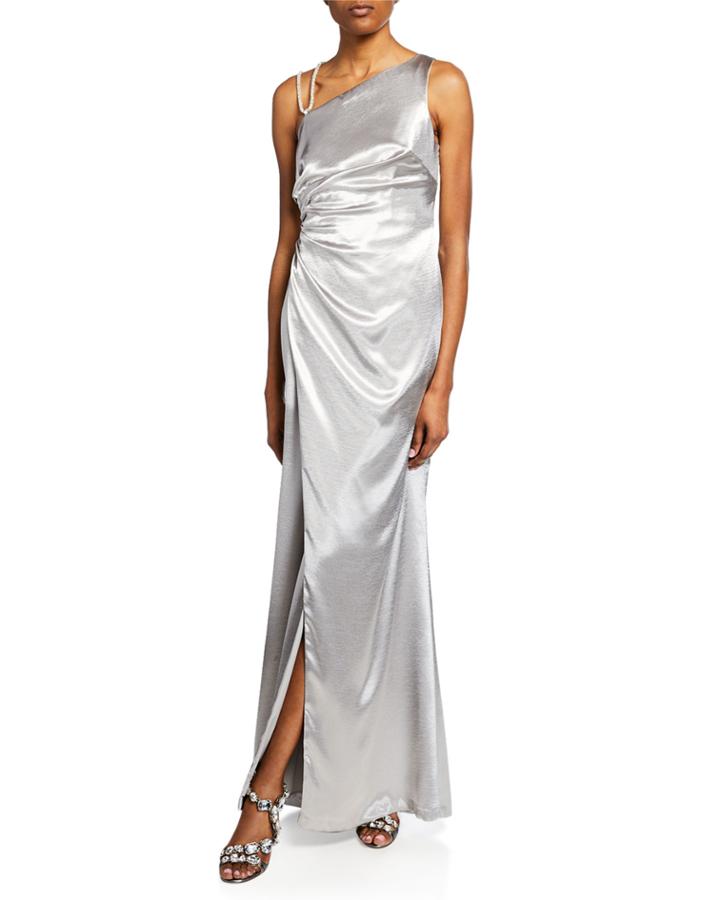One-shoulder Asymmetric Satin Gown With