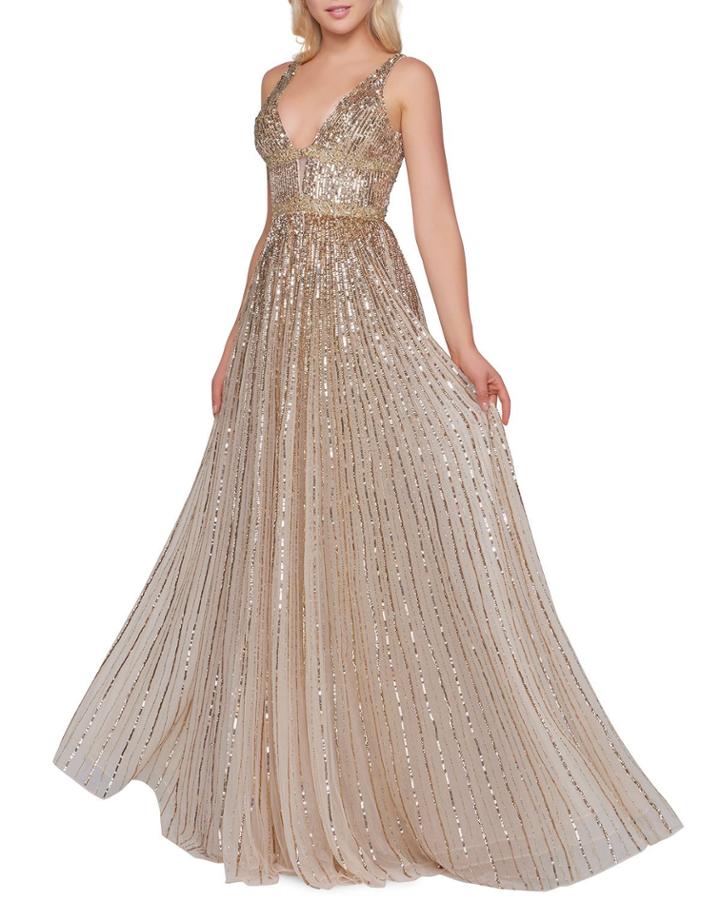 Horizontal Sequined V-neck A-line Gown
