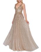 Horizontal Sequined V-neck A-line Gown