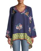 Dinah Silk Twill Floral-print Long-sleeve Blouse W/ Embroidered Trim