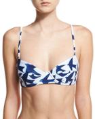 Bird-print Underwire Swim Top, White/blue