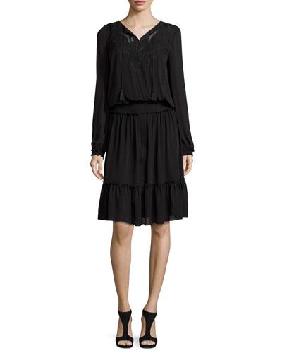 Marla Tiered Silk Dress W/ Embroidered Yoke, Black