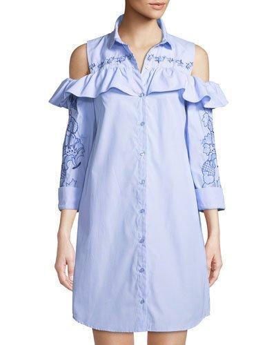 Cold-shoulder Embroidered Pinstriped