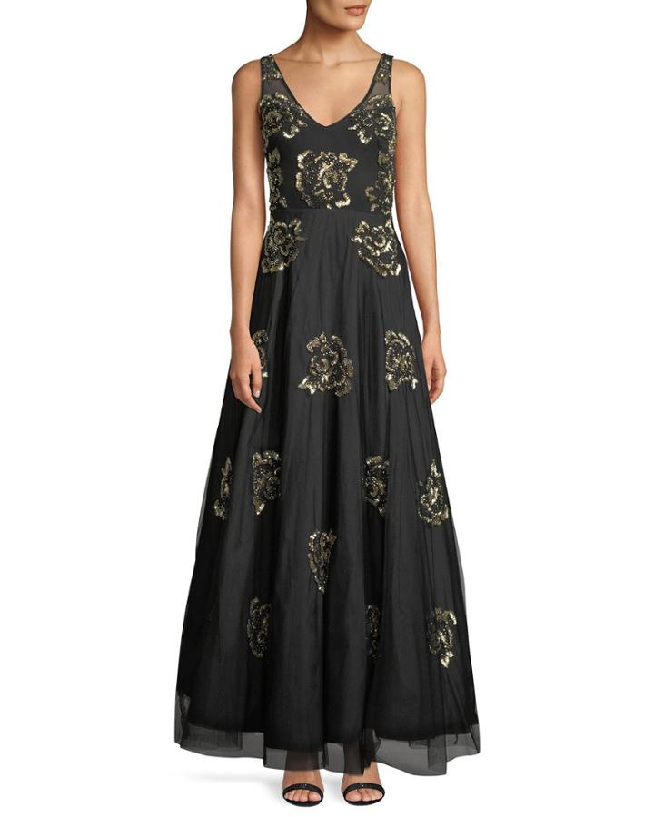 Beaded-rosette V-neck Gown