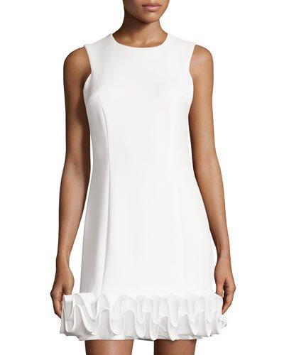 Sleeveless Ruffle-hem Scuba Sheath Dress, Ivory