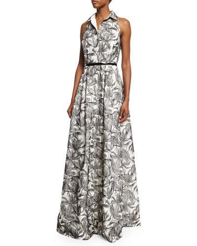 Sleeveless Printed Shirtdress Gown, Ivory/black