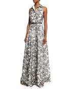 Sleeveless Printed Shirtdress Gown, Ivory/black