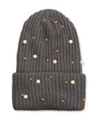 Knit Beanie With Faux Pearls &