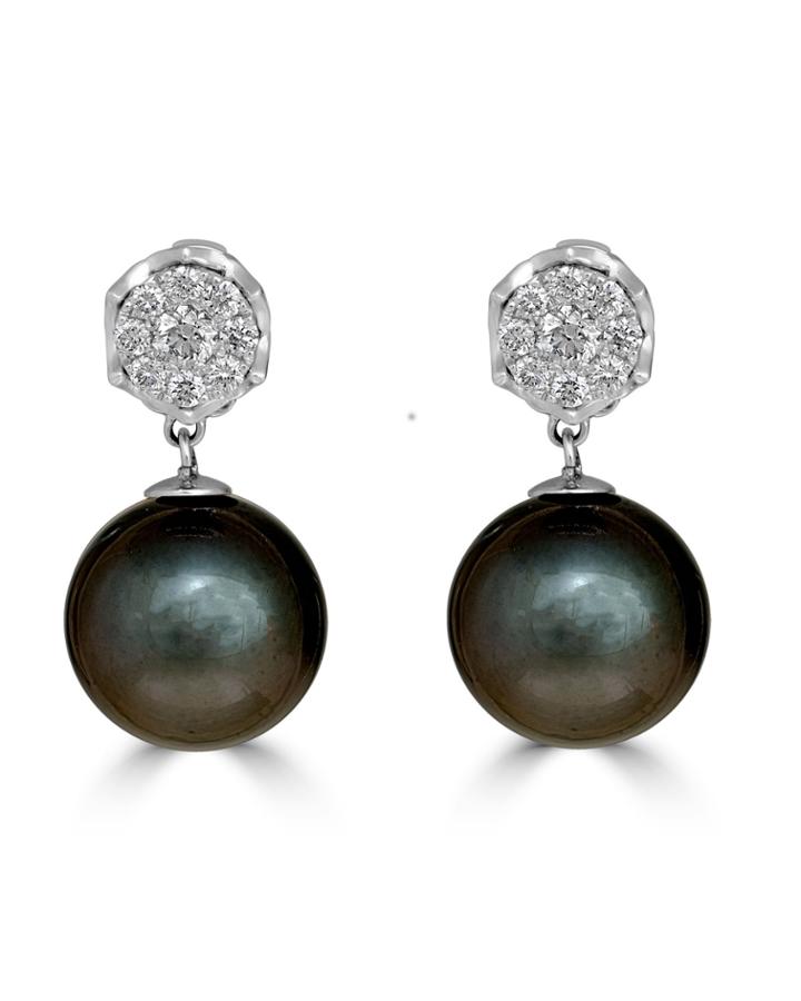 18k White Gold Detachable Pearl & Diamond Earrings, Black